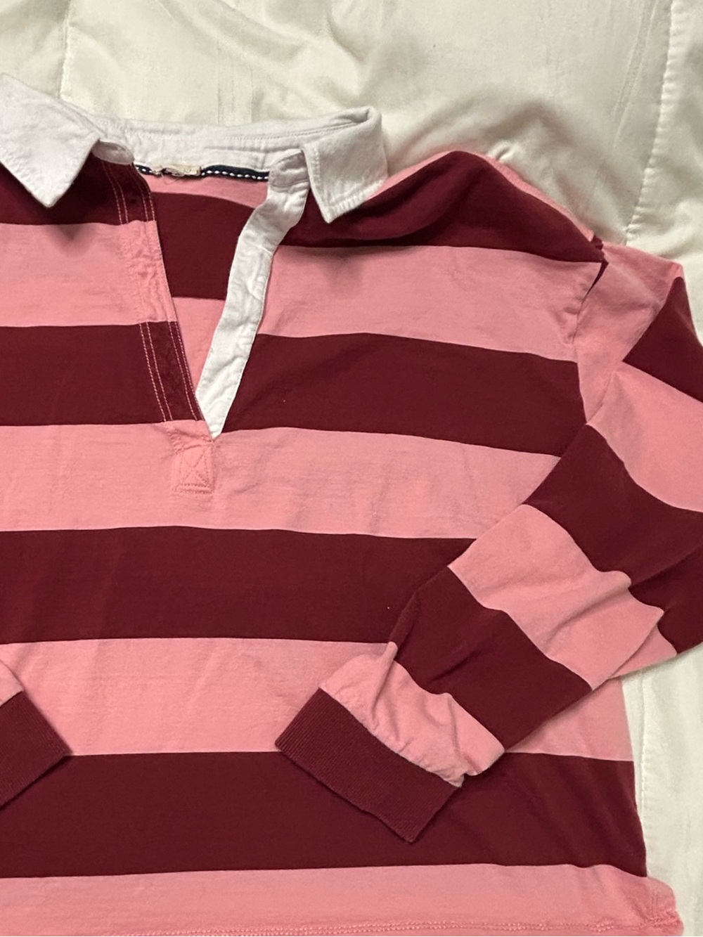 Pilcro Pink and Burgundy Striped Rugby Polo with White Collar